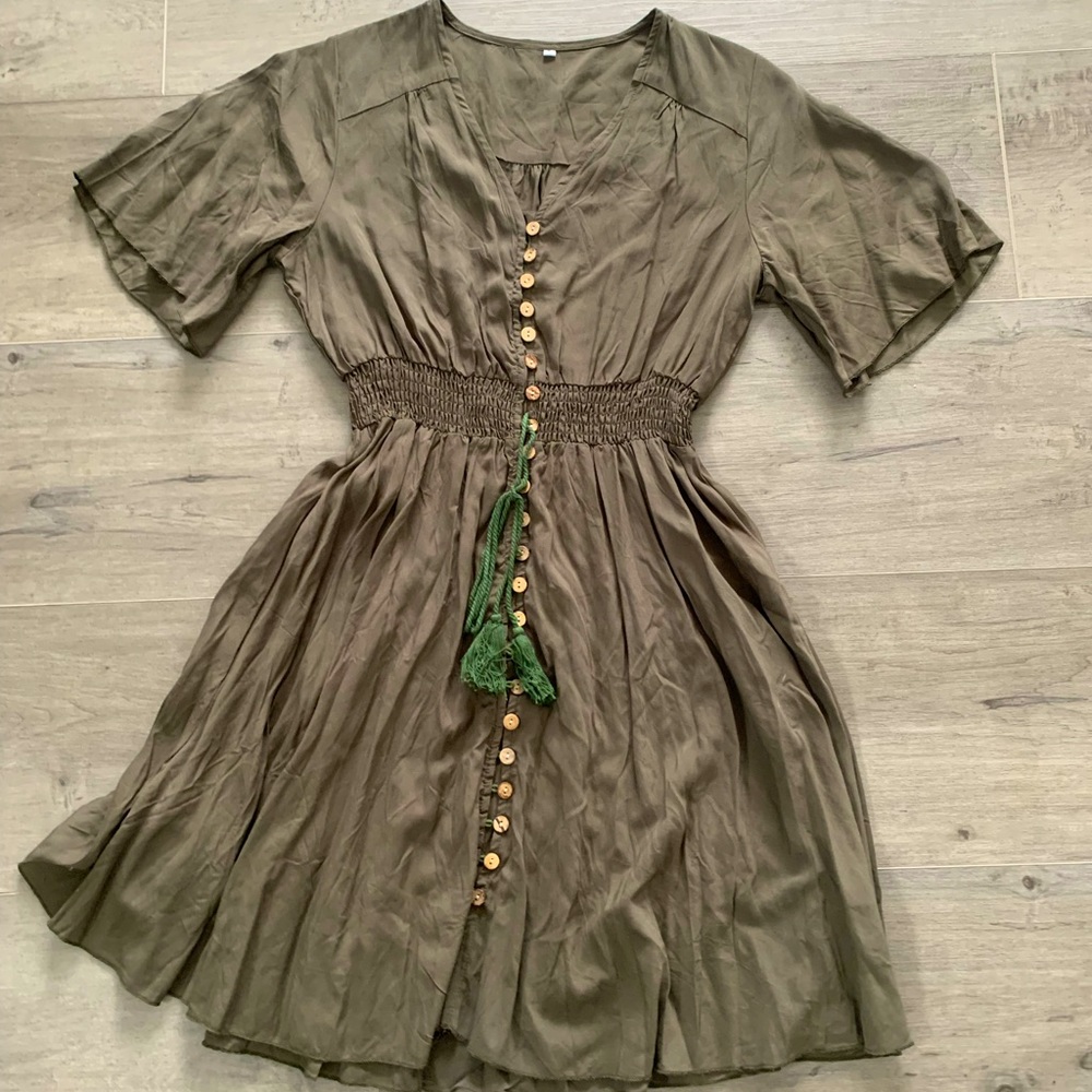 Button Up Olive Green Boho Dress - Size Small